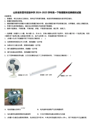 山东省东营市实验中学2024-2025学年高一下物理期末经典模拟试题含解析