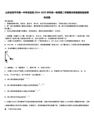 山东省邹平市第一中学实验部2024-2025学年高一物理第二学期期末质量跟踪监视模拟试题含解析