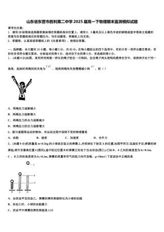 山东省东营市胜利第二中学2025届高一下物理期末监测模拟试题含解析