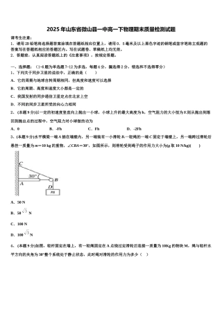 2025年山东省微山县一中高一下物理期末质量检测试题含解析