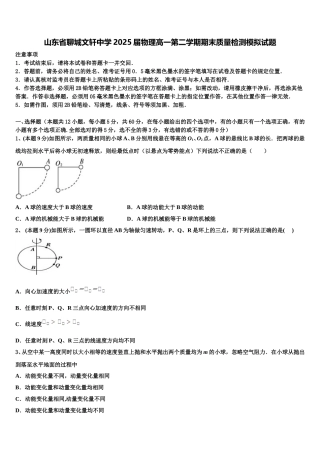 山东省聊城文轩中学2025届物理高一第二学期期末质量检测模拟试题含解析