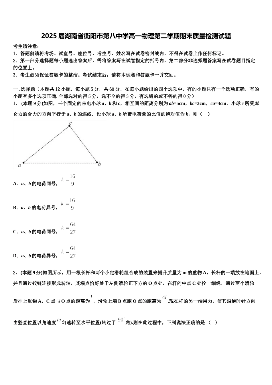 2025届湖南省衡阳市第八中学高一物理第二学期期末质量检测试题含解析_第1页