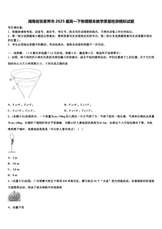 湖南省张家界市2025届高一下物理期末教学质量检测模拟试题含解析
