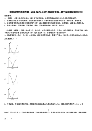 湖南省邵阳市邵东第十中学2024-2025学年物理高一第二学期期末监测试题含解析