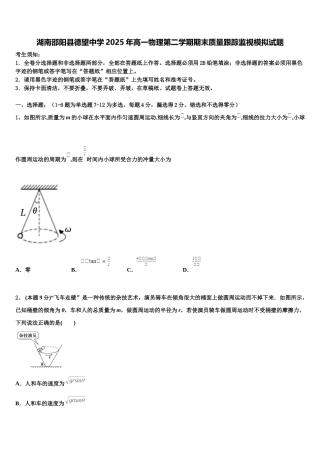 湖南邵阳县德望中学2025年高一物理第二学期期末质量跟踪监视模拟试题含解析