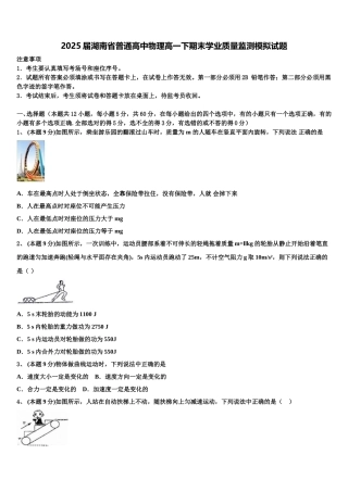 2025届湖南省普通高中物理高一下期末学业质量监测模拟试题含解析
