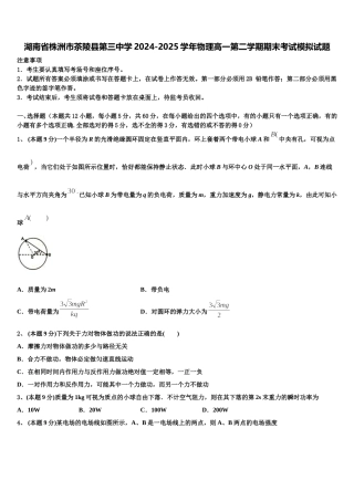 湖南省株洲市茶陵县第三中学2024-2025学年物理高一第二学期期末考试模拟试题含解析
