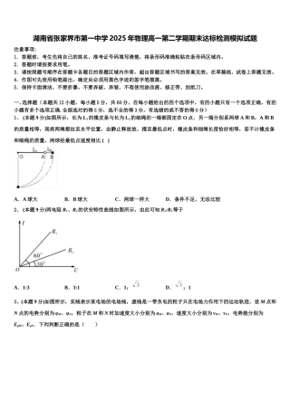 湖南省张家界市第一中学2025年物理高一第二学期期末达标检测模拟试题含解析
