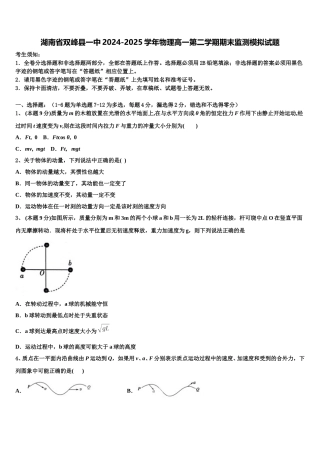 湖南省双峰县一中2024-2025学年物理高一第二学期期末监测模拟试题含解析