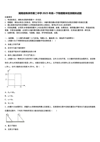 湖南省株洲市第二中学2025年高一下物理期末检测模拟试题含解析