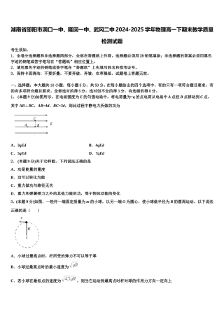 湖南省邵阳市洞口一中、隆回一中、武冈二中2024-2025学年物理高一下期末教学质量检测试题含解析