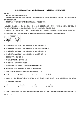 株洲市重点中学2025年物理高一第二学期期末达标测试试题含解析