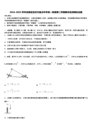 2024-2025学年安徽省安庆市重点中学高一物理第二学期期末检测模拟试题含解析