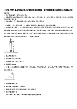 2024-2025学年安徽省黄山市普通高中物理高一第二学期期末教学质量检测模拟试题含解析