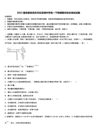 2025届安徽省安庆市白泽湖中学高一下物理期末综合测试试题含解析