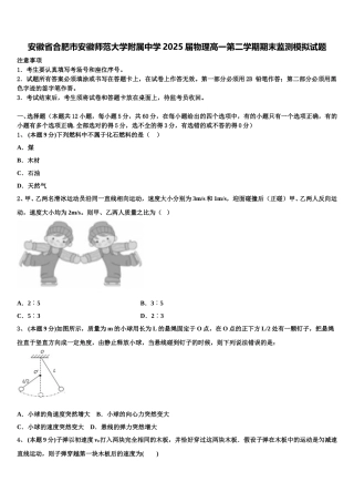 安徽省合肥市安徽师范大学附属中学2025届物理高一第二学期期末监测模拟试题含解析