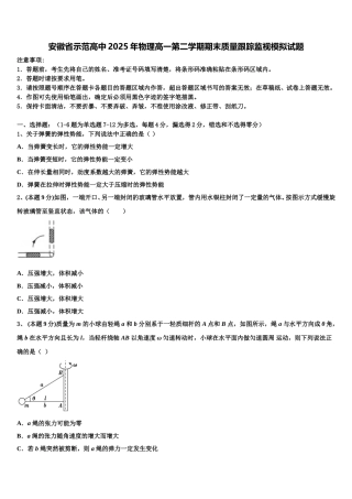 安徽省示范高中2025年物理高一第二学期期末质量跟踪监视模拟试题含解析