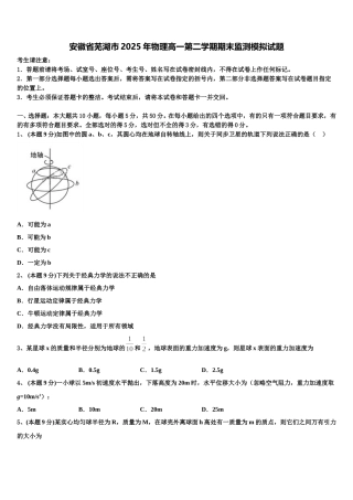 安徽省芜湖市2025年物理高一第二学期期末监测模拟试题含解析