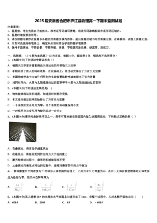 2025届安徽省合肥市庐江县物理高一下期末监测试题含解析