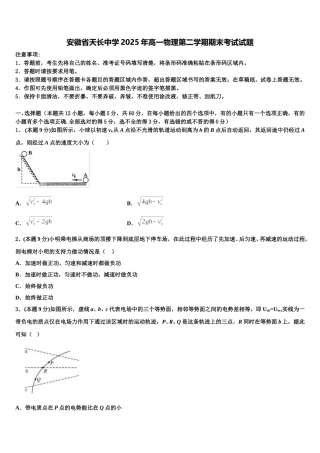 安徽省天长中学2025年高一物理第二学期期末考试试题含解析