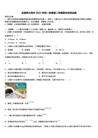 安徽师大附中2025年高一物理第二学期期末检测试题含解析