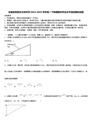 安徽省阜阳市太和中学2024-2025学年高一下物理期末学业水平测试模拟试题含解析