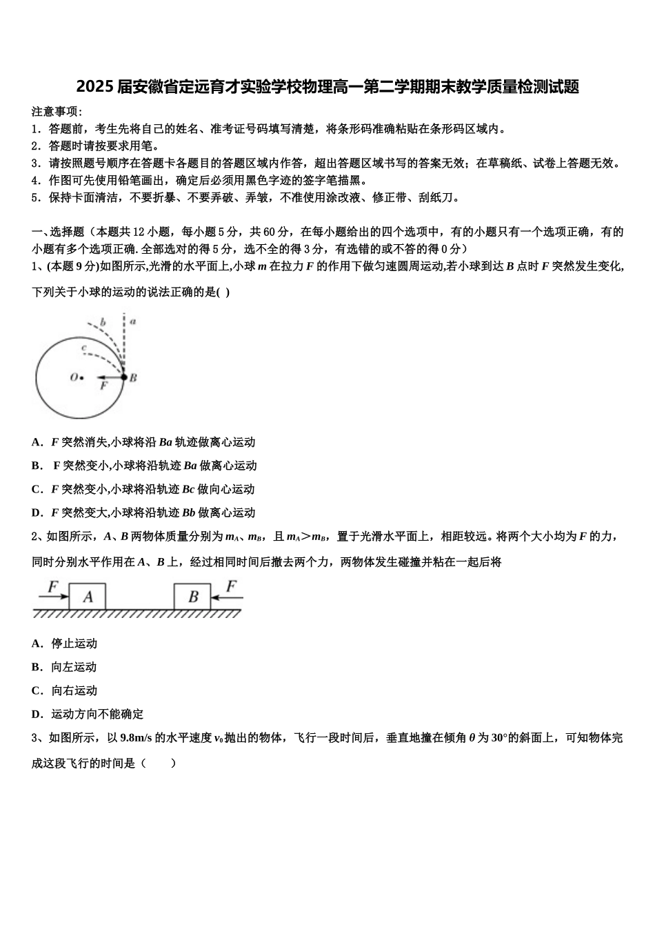 2025届安徽省定远育才实验学校物理高一第二学期期末教学质量检测试题含解析_第1页