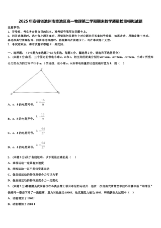 2025年安徽省池州市贵池区高一物理第二学期期末教学质量检测模拟试题含解析