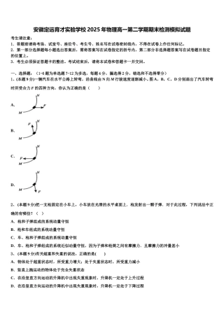 安徽定远育才实验学校2025年物理高一第二学期期末检测模拟试题含解析
