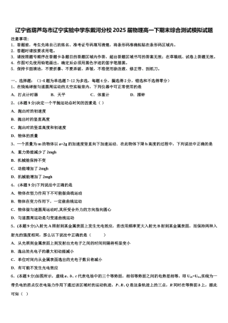 辽宁省葫芦岛市辽宁实验中学东戴河分校2025届物理高一下期末综合测试模拟试题含解析