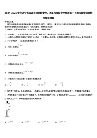 2024-2025学年辽宁省大连育明高级中学、本溪市高级中学物理高一下期末教学质量检测模拟试题含解析