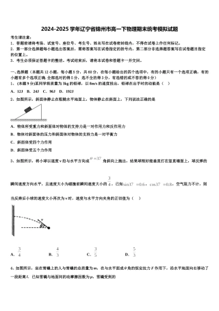 2024-2025学年辽宁省锦州市高一下物理期末统考模拟试题含解析