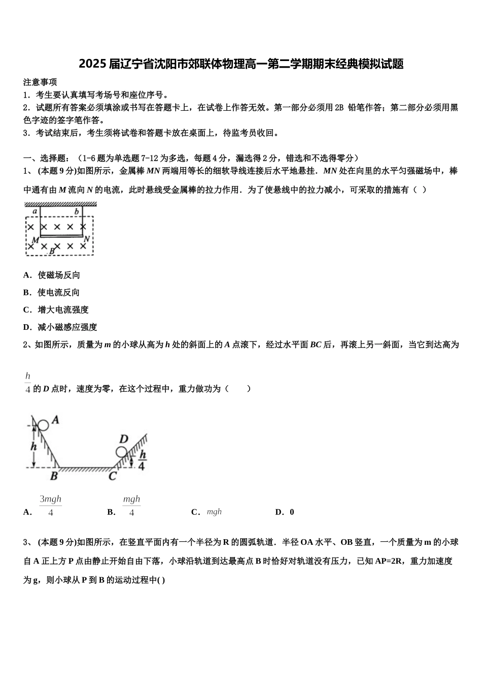 2025届辽宁省沈阳市郊联体物理高一第二学期期末经典模拟试题含解析_第1页