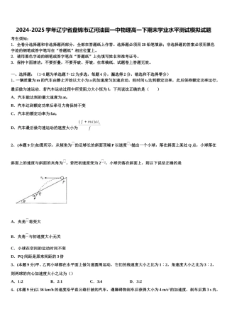 2024-2025学年辽宁省盘锦市辽河油田一中物理高一下期末学业水平测试模拟试题含解析