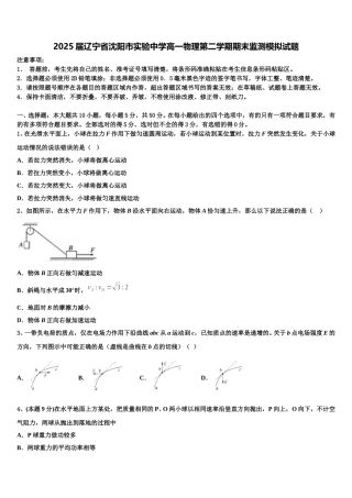 2025届辽宁省沈阳市实验中学高一物理第二学期期末监测模拟试题含解析