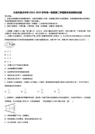 大连市重点中学2024-2025学年高一物理第二学期期末检测模拟试题含解析
