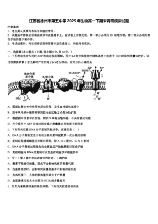 江苏省徐州市第五中学2025年生物高一下期末调研模拟试题含解析