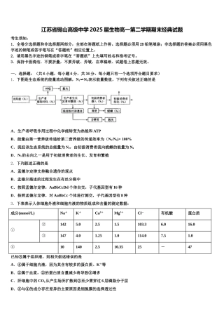 江苏省锡山高级中学2025届生物高一第二学期期末经典试题含解析