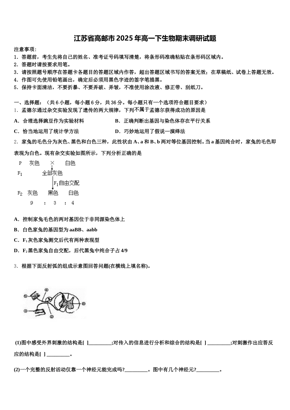 江苏省高邮市2025年高一下生物期末调研试题含解析_第1页
