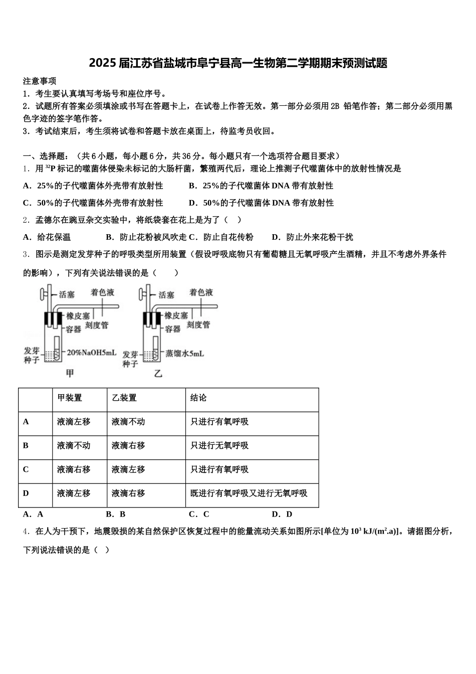 2025届江苏省盐城市阜宁县高一生物第二学期期末预测试题含解析_第1页