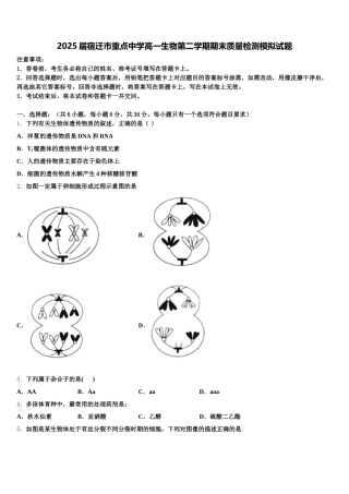 2025届宿迁市重点中学高一生物第二学期期末质量检测模拟试题含解析