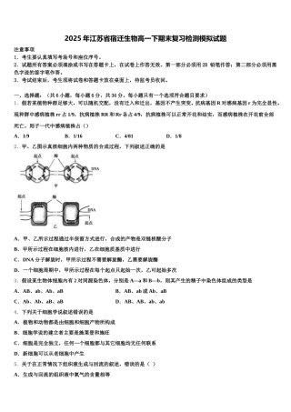 2025年江苏省宿迁生物高一下期末复习检测模拟试题含解析