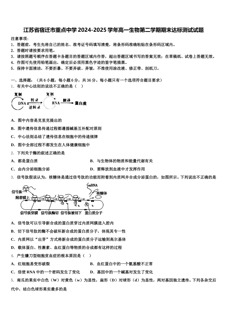 江苏省宿迁市重点中学2024-2025学年高一生物第二学期期末达标测试试题含解析_第1页