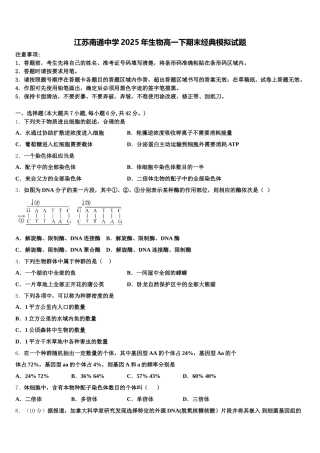 江苏南通中学2025年生物高一下期末经典模拟试题含解析