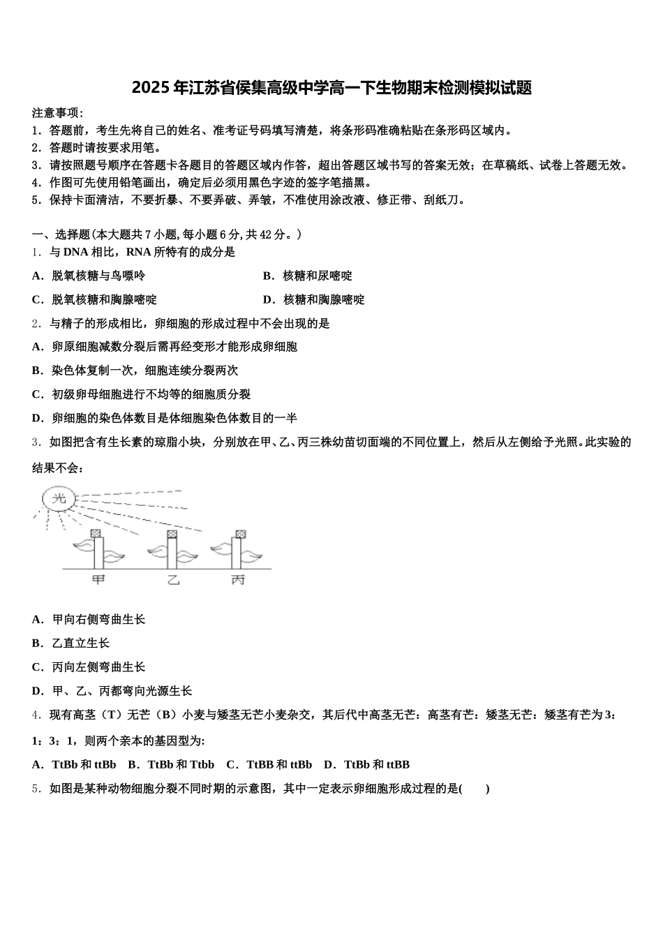 2025年江苏省侯集高级中学高一下生物期末检测模拟试题含解析_第1页