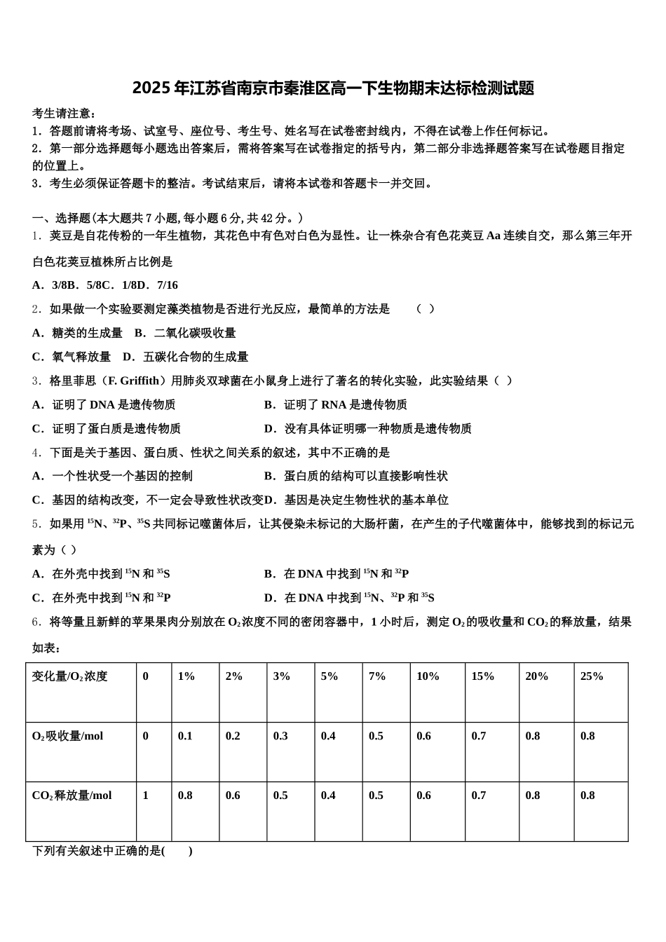 2025年江苏省南京市秦淮区高一下生物期末达标检测试题含解析_第1页