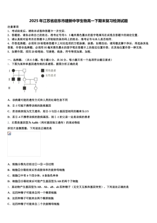 2025年江苏省启东市建新中学生物高一下期末复习检测试题含解析