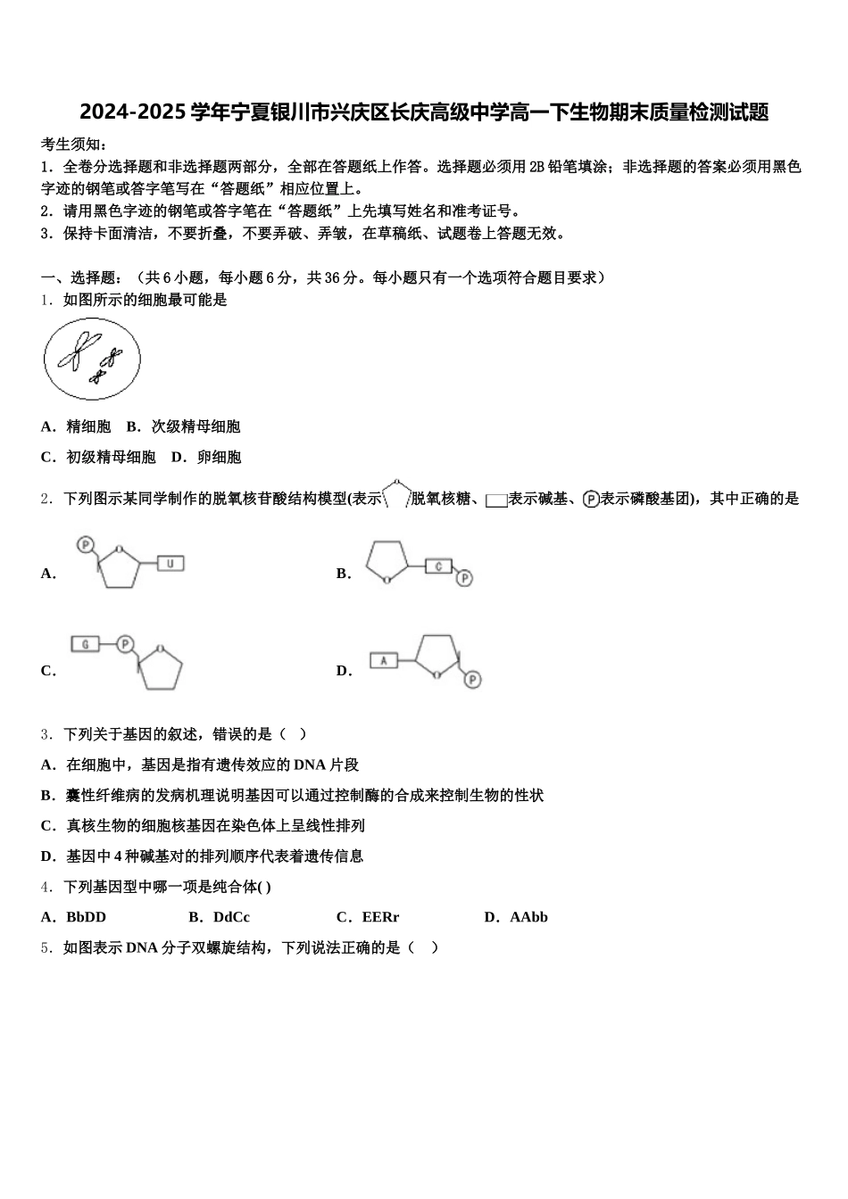 2024-2025学年宁夏银川市兴庆区长庆高级中学高一下生物期末质量检测试题含解析_第1页