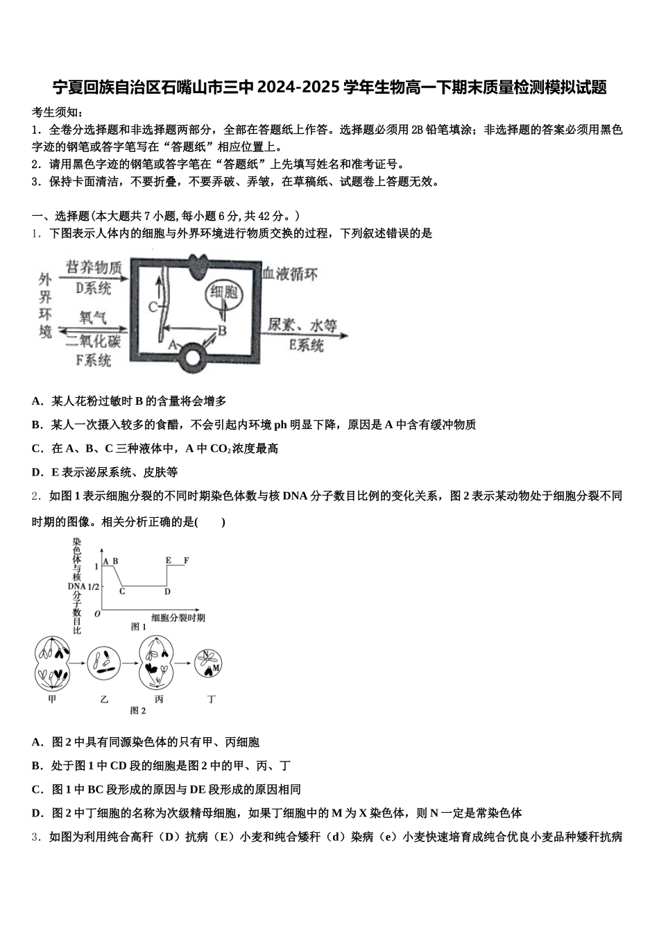 宁夏回族自治区石嘴山市三中2024-2025学年生物高一下期末质量检测模拟试题含解析_第1页