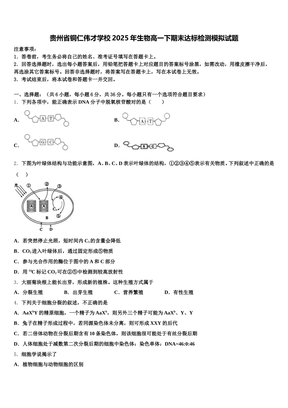 贵州省铜仁伟才学校2025年生物高一下期末达标检测模拟试题含解析_第1页